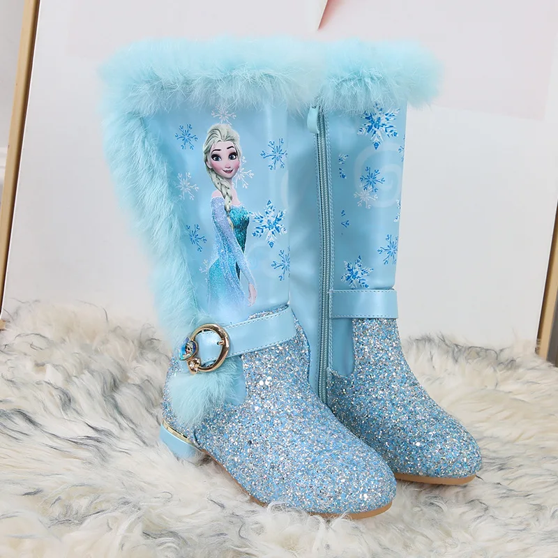 Disney Frozen Girls\' Snow Knee-Length Boots Winter Warm Girl Boots Princess Elsa Pink Blue Shoes Plush Fur Boots Size 26-36