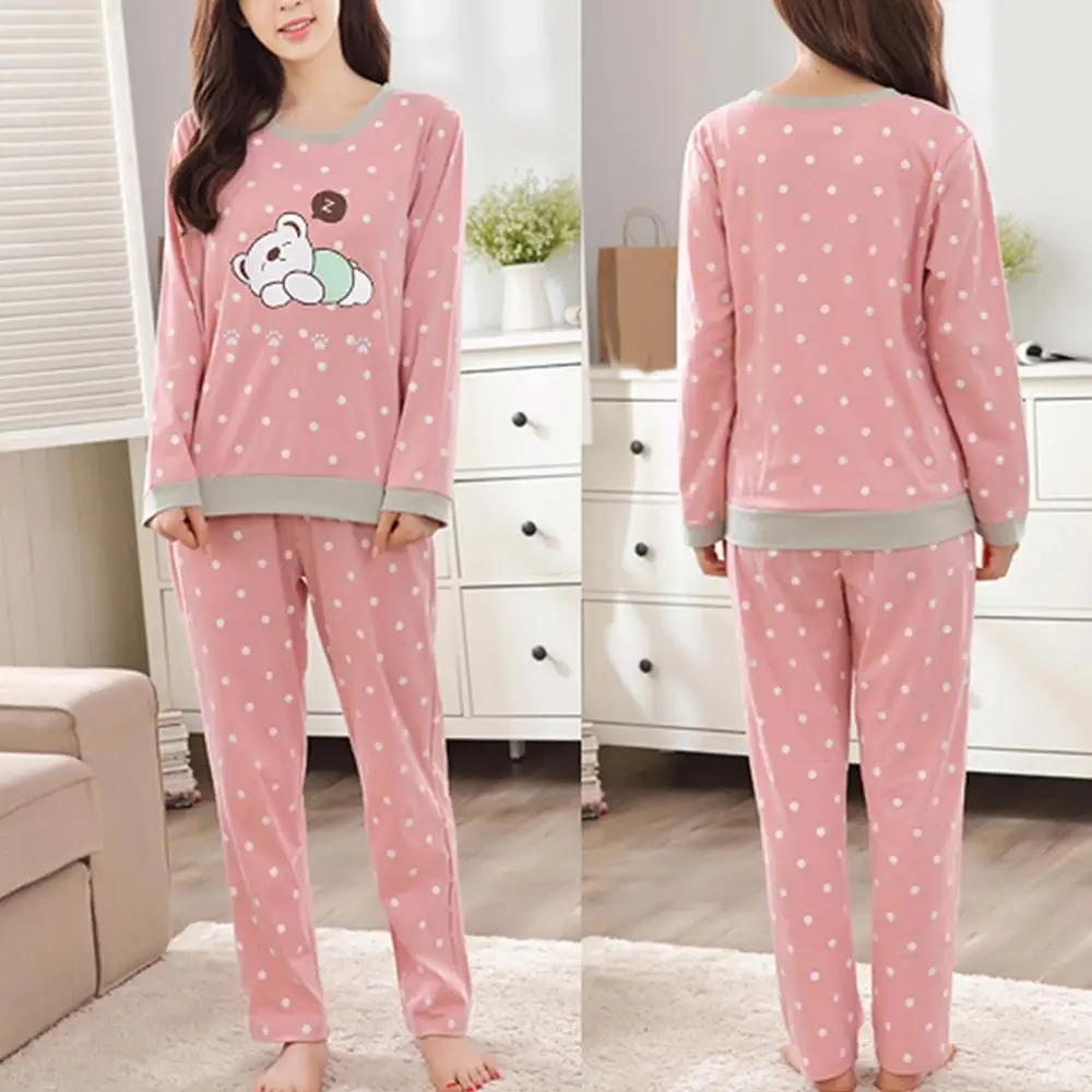 Desenhos animados feminino Pijama terno, top com o pescoço, calça comprida, conjunto pijama, rosa, outono, roupa de inverno, roupa caseira