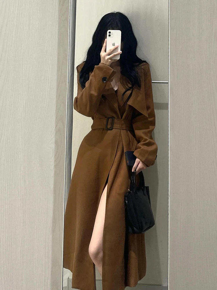 

Elegant Coffee-Colored Women's Coat 2024 New Style Autumn British Lady Thin Medium-Length Version Outerwear Long Sleeve ...
