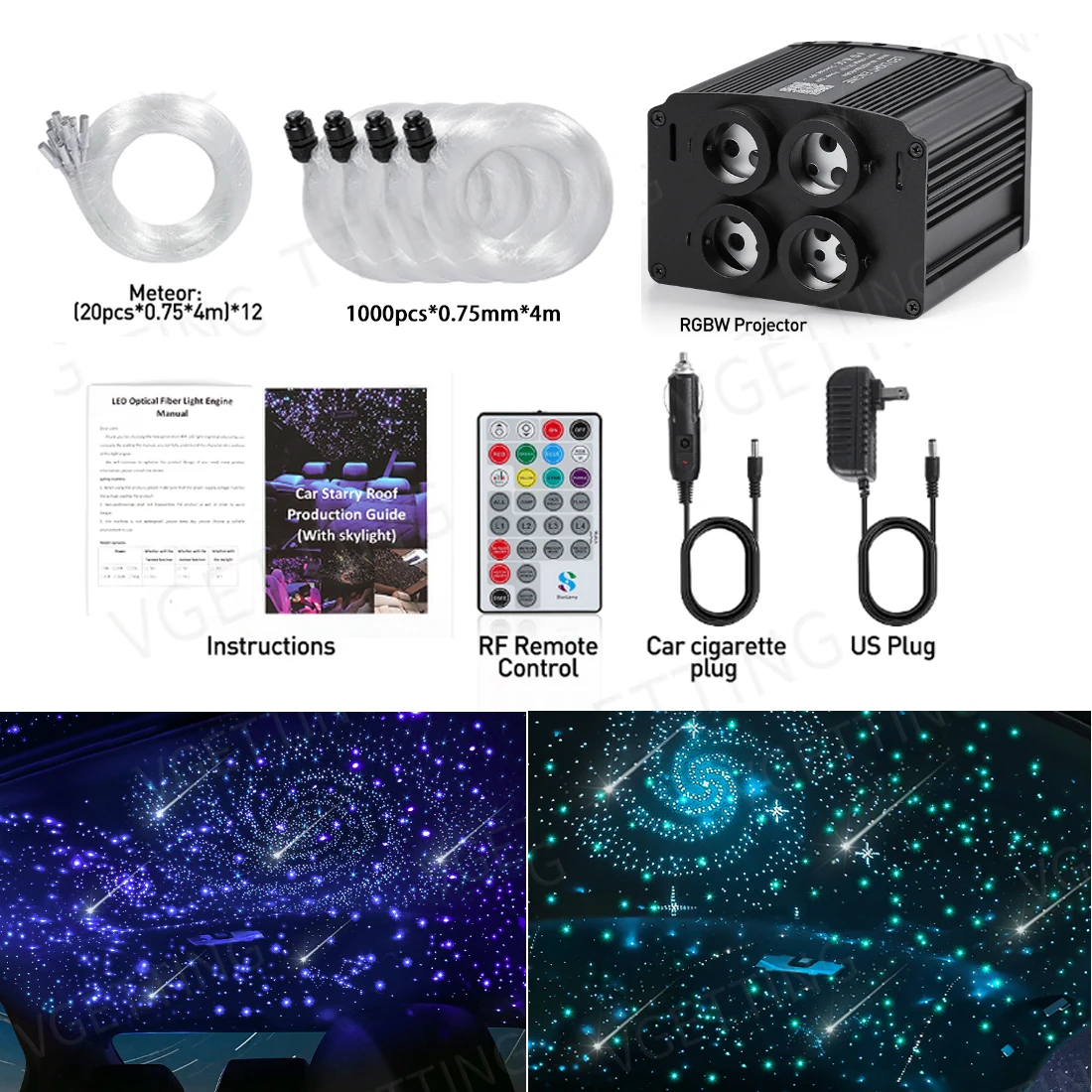 ​4Port 32W Car Ceiling Starlight Headliner 2-in-1 RGBW Star Sky Twinkle&Meteor Stars Light Fiber Optic For Roof Home Decorative