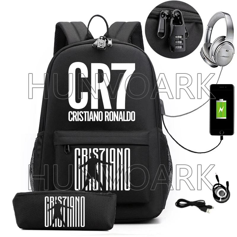 CR7 Mochila Laptop USB para Homens e Mulheres, Mochilas Escolares, Grande Capacidade, Impermeável, Carga USB Externa, Adolescentes Mochilas, 2PCs