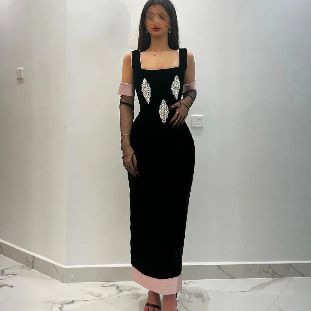 

Customized Jersey Sequined Ruched Clubbing A-line Square Neck Bespoke Occasion Gown Midi Dresses