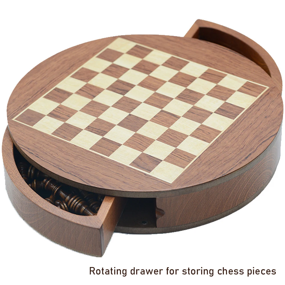 Round Solid Wood Chess Rotating Drawer Chessboard Table Game Business Gift Chessboard Game New Desktop Drawer For Easy Storage