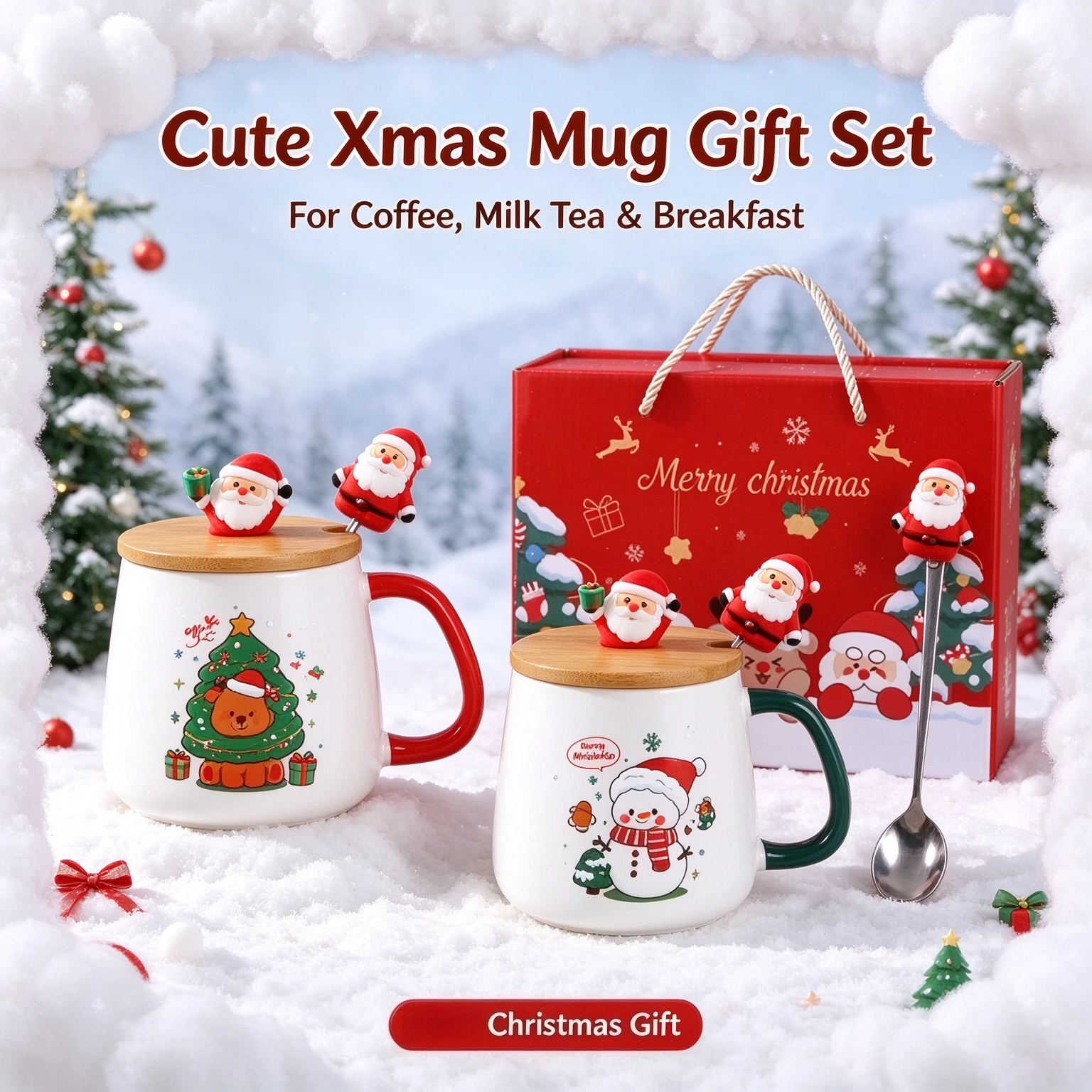 Xmas Themed Ceramic Mug Set with Lid and Spoon, Christmas Gift Box Coffee Cup for Milk Tea Breakfast,  Holiday Gift