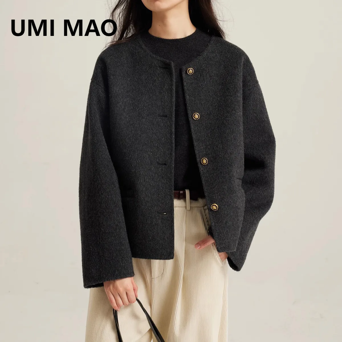 

UMI MAO Off-Season Benefit двустороннее шерстяное пальто с золотой пряжкой женское короткое стильное кашемировое шерстяное женское пальто