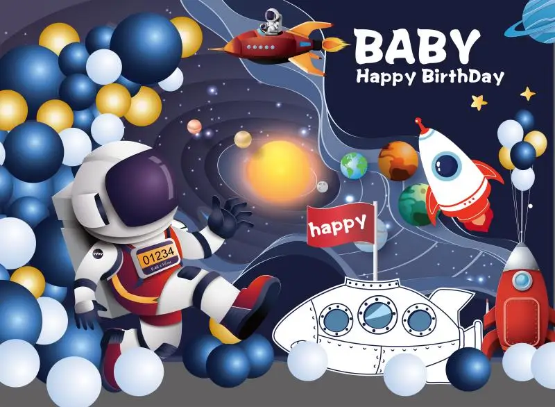 7x5FT Baby Astronaut Happy Birthday Rockets Galaxy System Star Space Custom Photo Studio Backdrop Background Vinyl 220cm x 150cm