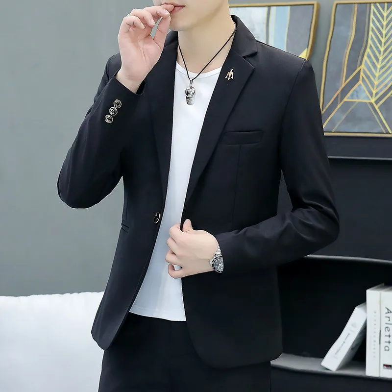 

Slim Fit Bla Suit Jaet Men's Casual Single-Breasted Faionable Spring Autumn Korean Sle Long Sve Polyester Fiber