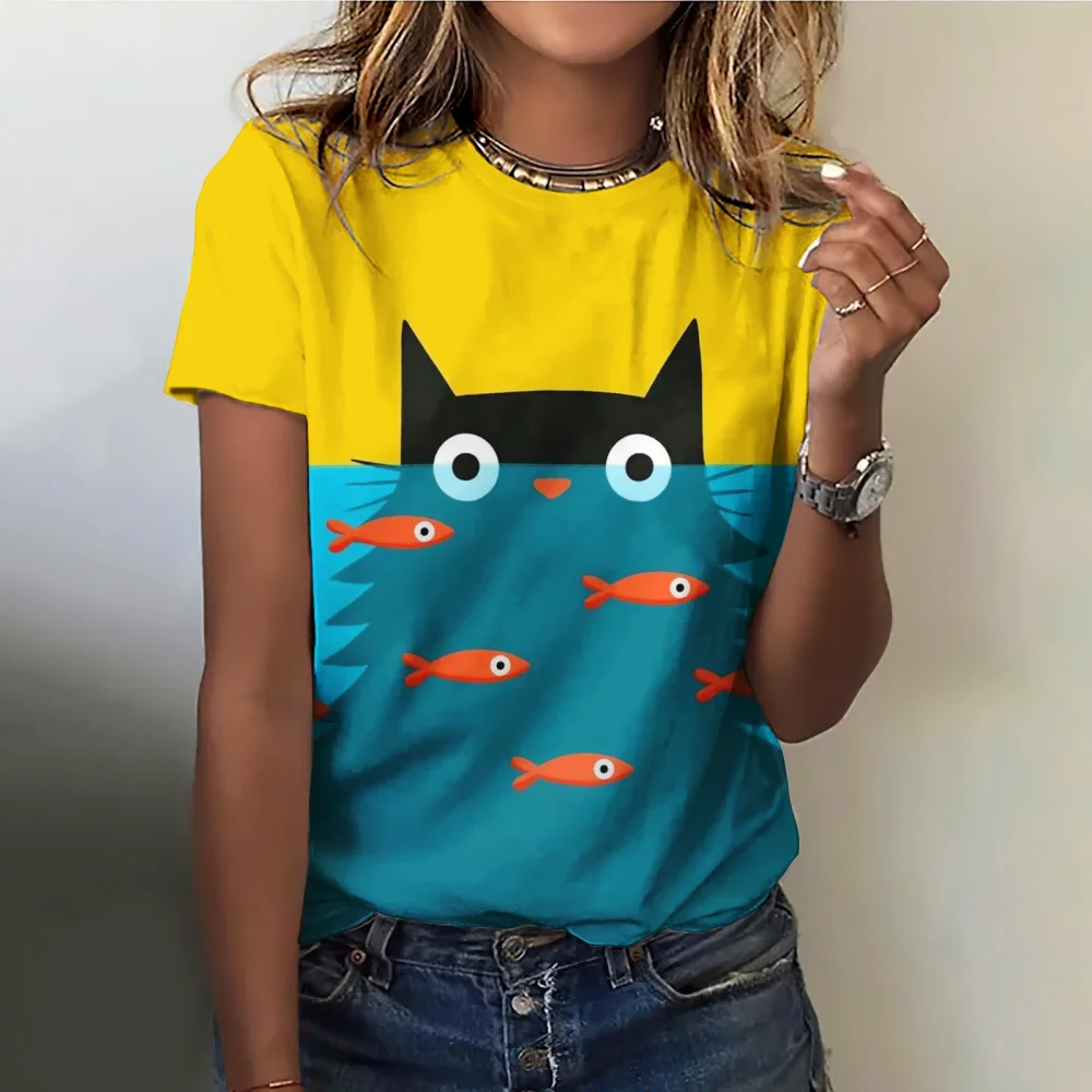 

Kawaii футболка с принтом кота для девочек, летний детский топ с круглым вырезом, твидовый топ, одежда для девочек, пуловеры, футболки, модная детская футболка