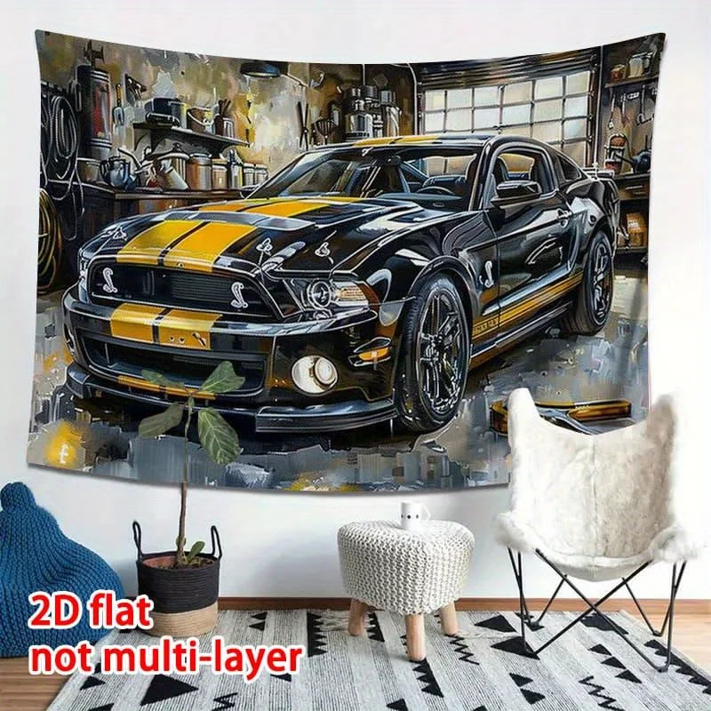 1pcs Bold Black Yellow Mustang Tapestry, Stunning Shelby GT500 Garage Illustration Wall Hanging, Modern Aesthetic Decor