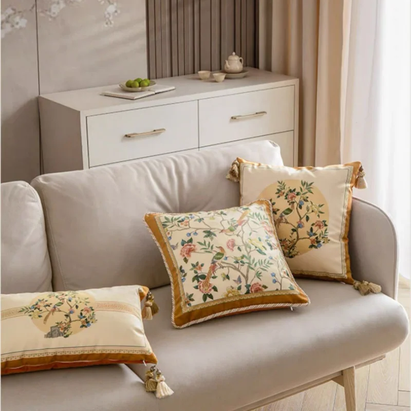 Chinese Flora Birds Pillows Retro Velvet Cushion Case Luxury Brown Elegant Decorative Pillow Cover For Sofa Chair Home Decorate