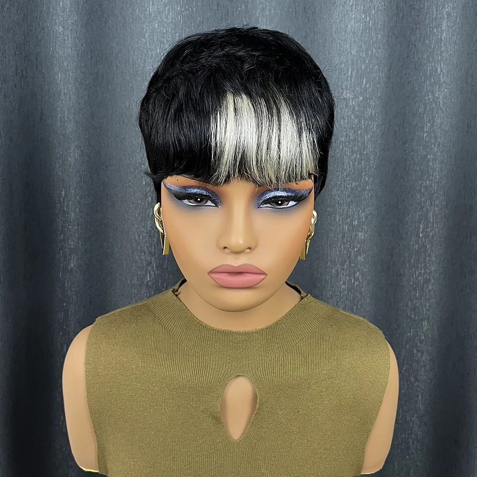 Короткий парик Боб для черно-белого парика с стрижкой пикси с челкой Натуральный черный прямой парик из бразильских волос машинного производства смешанного цвета