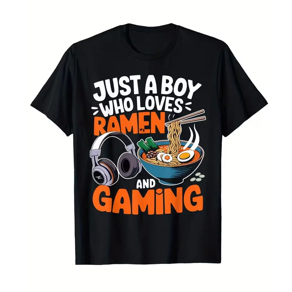 Summer Just A Boy Who Loves Ramen and Games Graphic T-Shirt Unisex Short-sleeved Retro Street Y2K Casual Fashion Tops Clothing