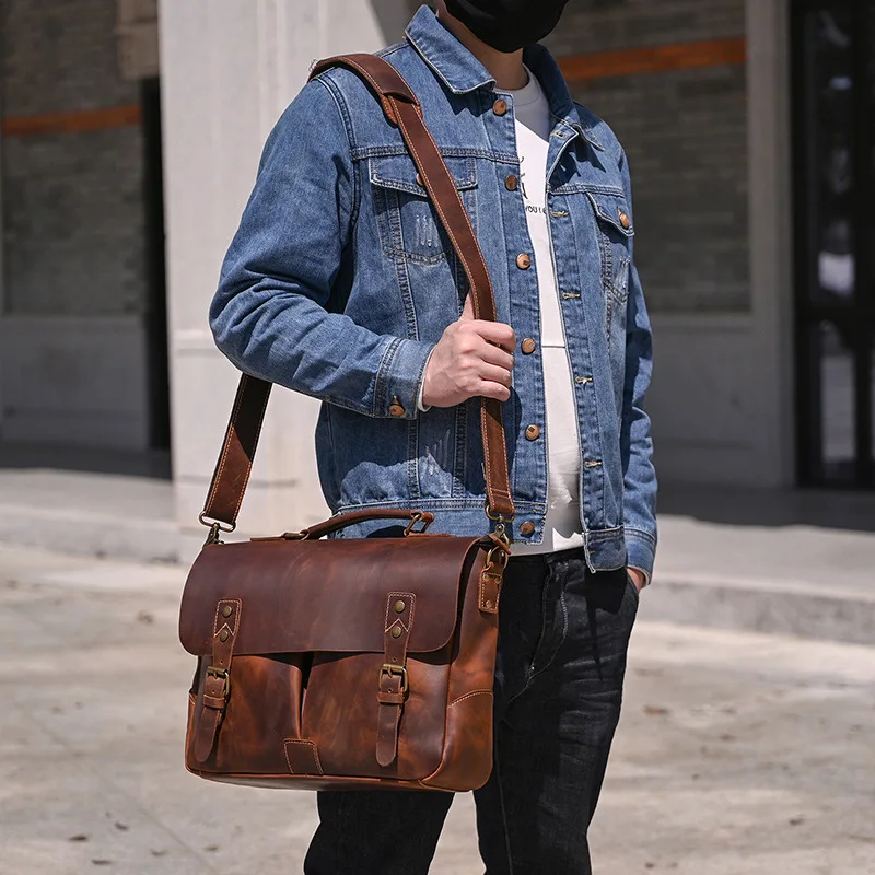 Retro Men's Briefcase Commuter Bag Genuine Leather Shoulder Bag