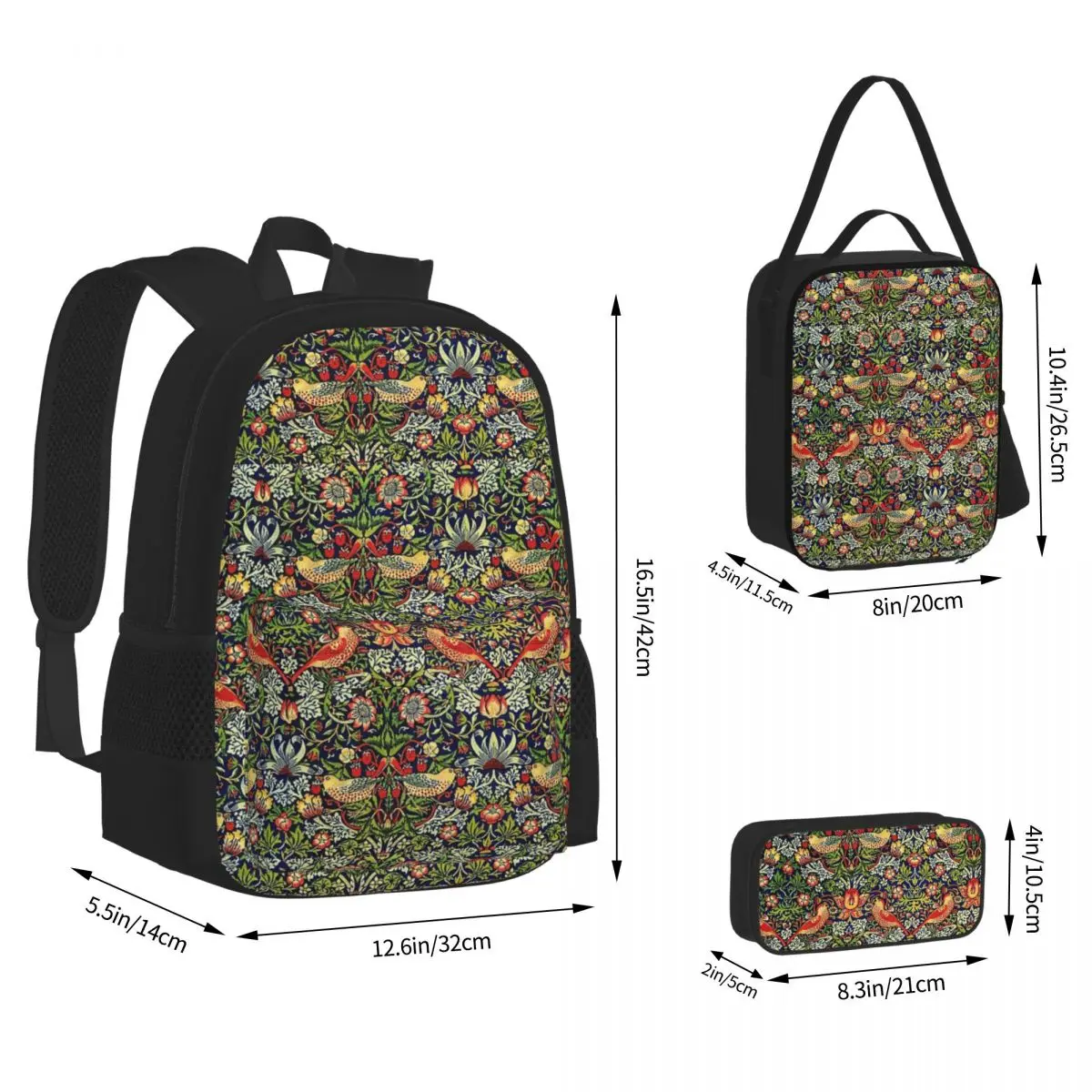 Strawberry Thief - William Morris Backpacks  Bookbag Students School Bags Kids Rucksack Lunch Bag Pen Bag Three-Piece Set