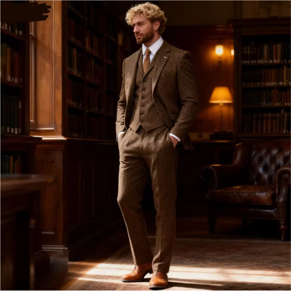 

Herringbone Tweed Smoking Men Suits 3 Pieces Notch Lapel Casual Formal Business Ternos Wedding Groom Custom Blazer Pants Vest