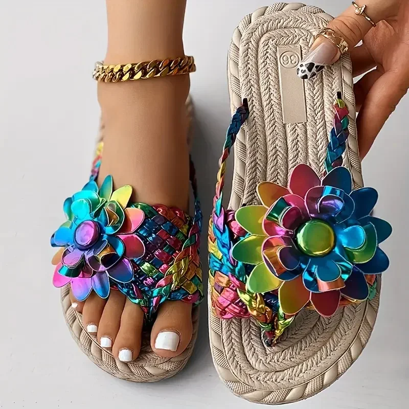 Zapatillas planas con patrón Floral trenzado para mujer, chanclas informales para vacaciones, verano, 2024