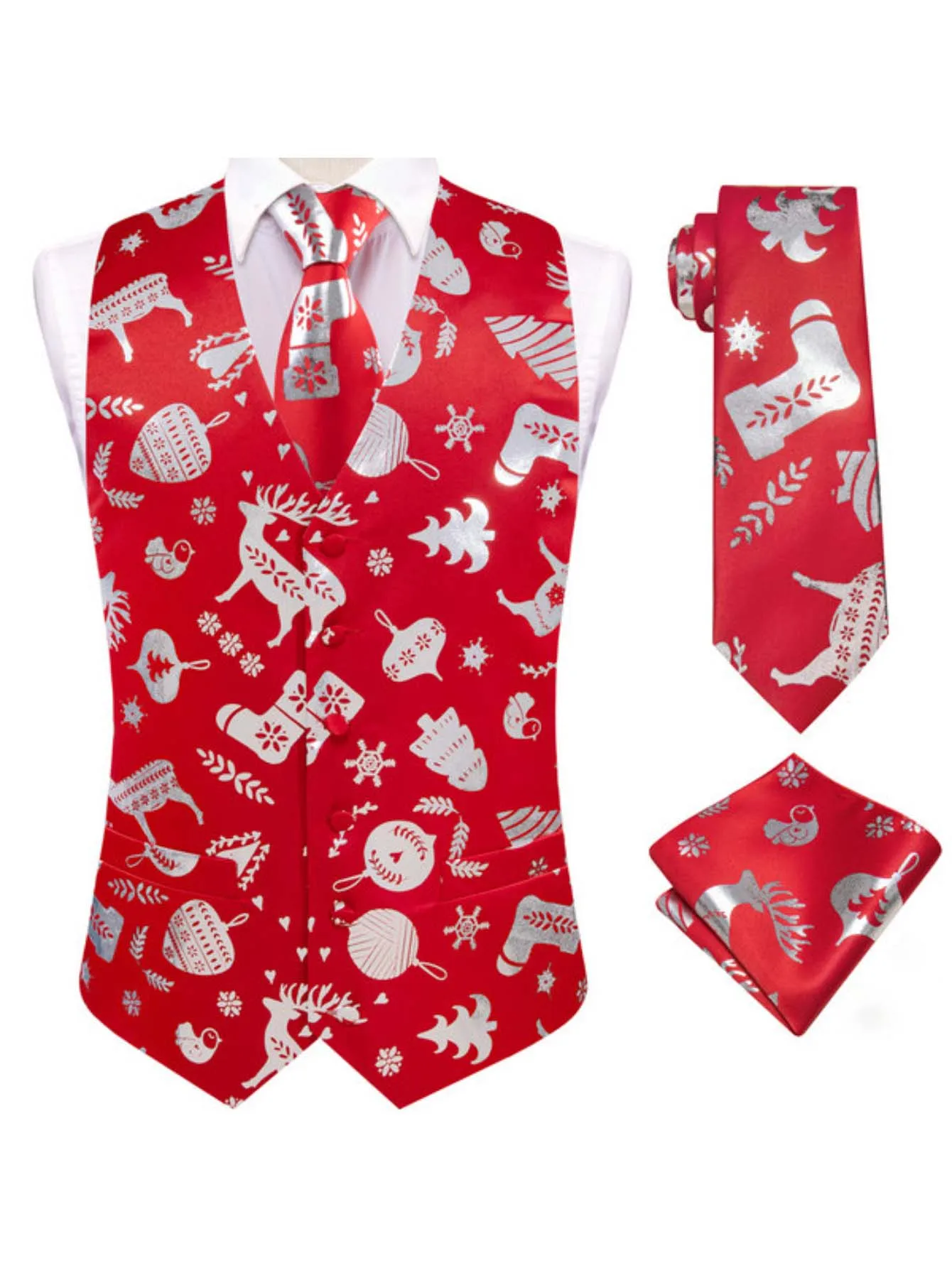 Men's Christmas Print Vest 3-Piece Set: Vest, Tie, Pocket Square, Red Blue Green Yellow for Holiday Parties