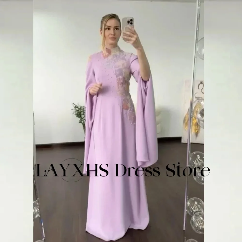 LAYXHS Vestidos de noite elegantes roxos com gola alta e apliques de miçangas, linha A, vestidos de baile longos e sem mangas personalizados