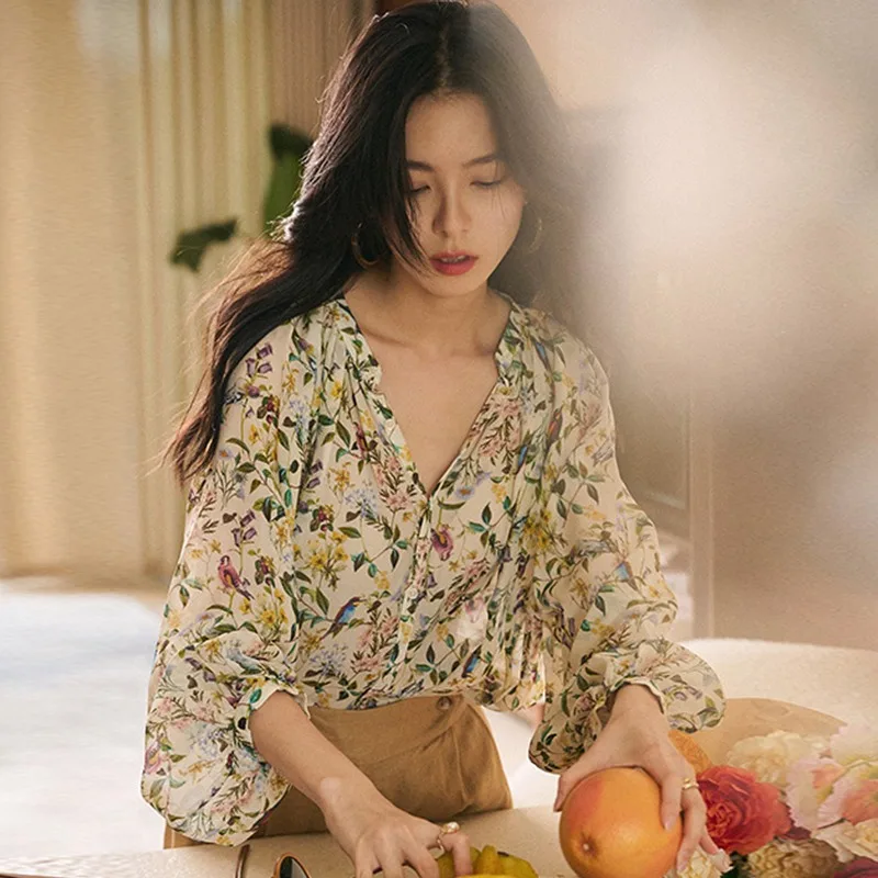 

Floral Print Chiffon irt Women's V-Ne Bubble Sve Design Spring Autumn Casual Comfortable Fit Long Sve Office Wear