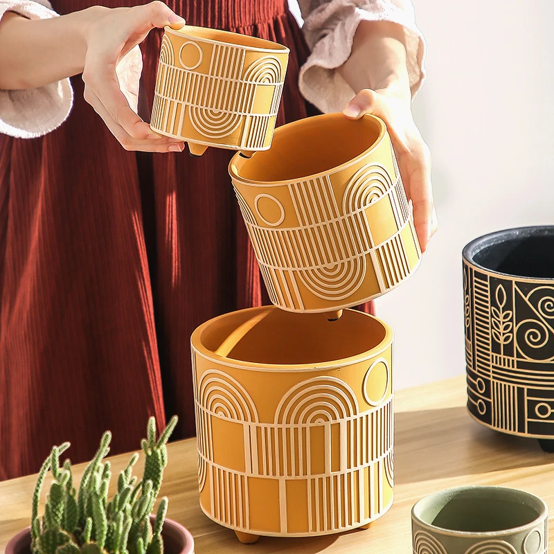 Simple Cylindrical Ceramic Flower Pot Succulent Plant Potted Garden Decoration Interior Countertop Flower Pot with Golden Tray