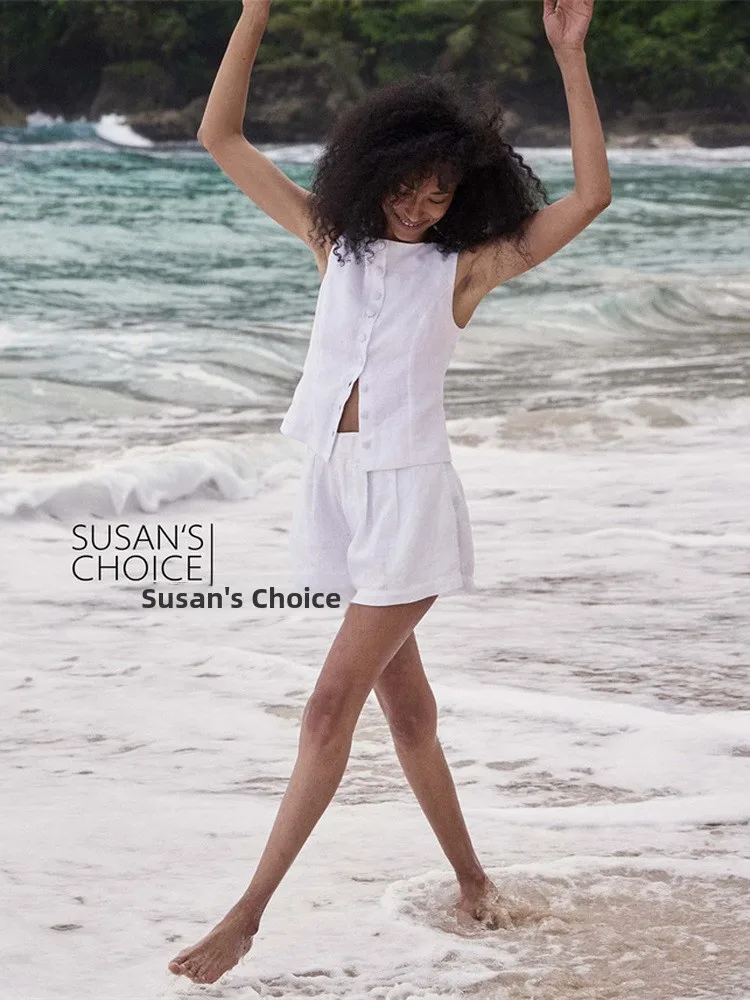 Susan High Waist Linen orts Women's Casual Straight Leg Pants Summer 2025 Commute Sle Simple Ele Slimming White