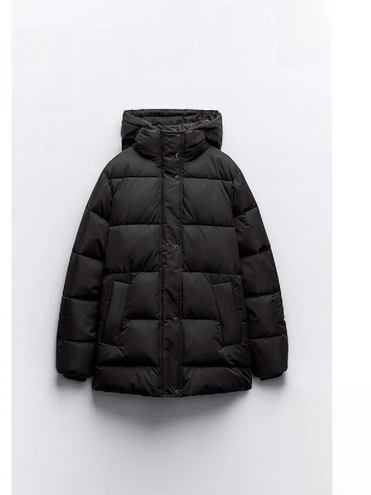 

Women's Hooded Thiened Winter Coat Loose Fit Warm Cotton Jaet Long Sve Zipper Closure Commute Sle Faionable Outerwear