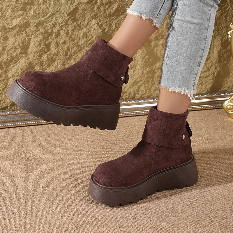 2025 Botas de nieve con plataforma de nuevo estilo para mujer: zapatos de suela gruesa con diseño de puños, forro polar y cálido