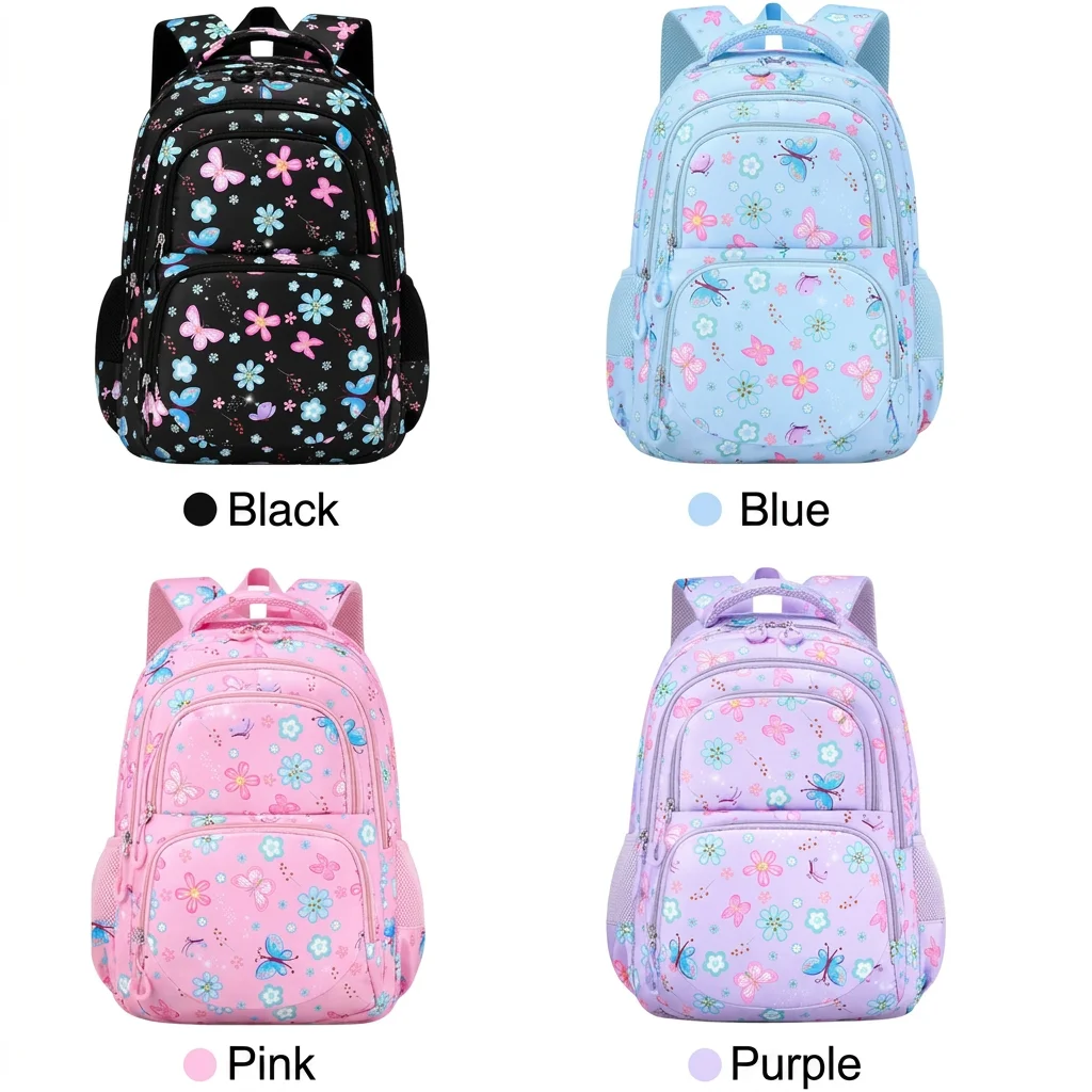 3-Piece Kids School Bag Set Butterfly Flower Print Water Resistant Lightweight Backpack With Insulated Lunch Bag Pencil Case