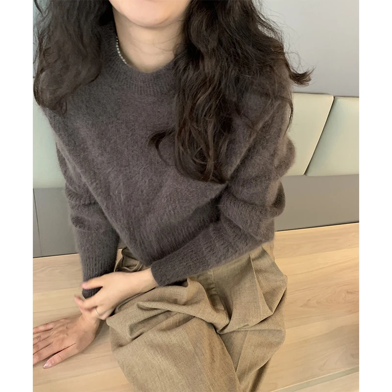 

Женский вязаный топ Ele Lazy Style с круглым вырезом и длинными рукавами, повседневный, удобный, стройнящий, модный, осенний