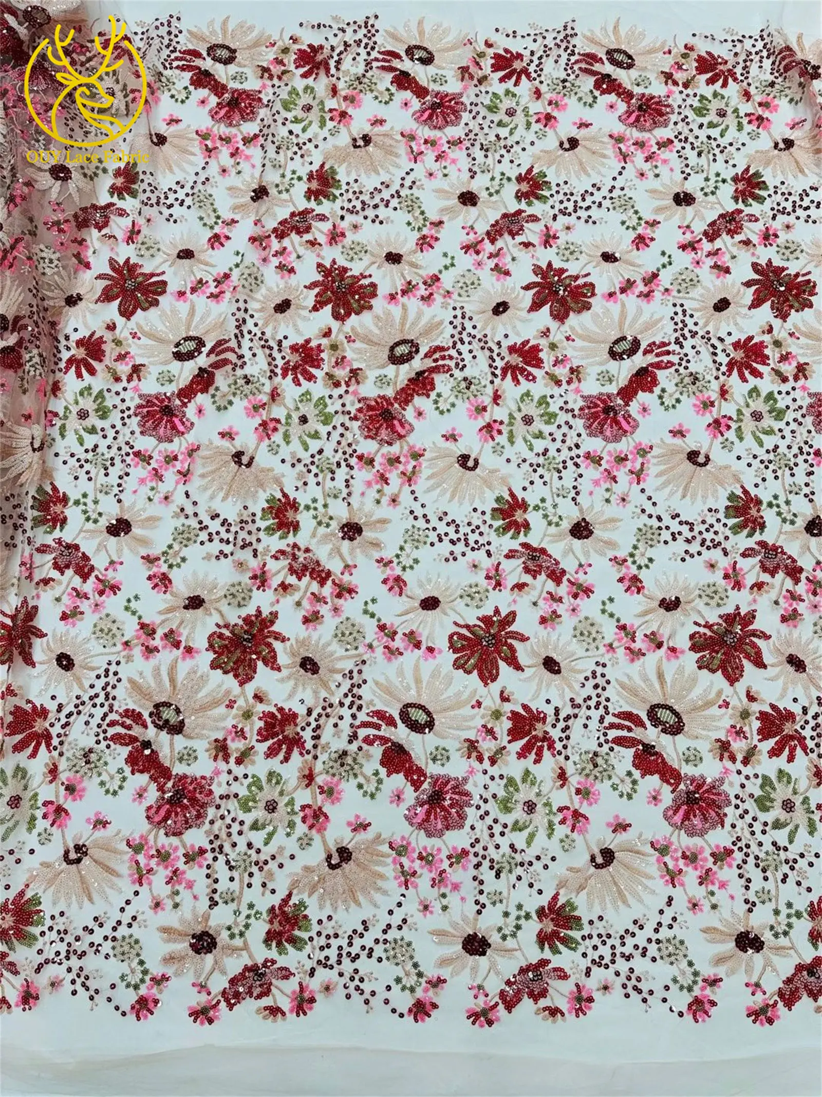 5 Yards des neuesten afrikanischen Pailletten bestickten Spitzenstoffs, hochwertiger französischer nigerianischer Mesh-Tüll-Spitzenstoff, Partykleid – Detail 11