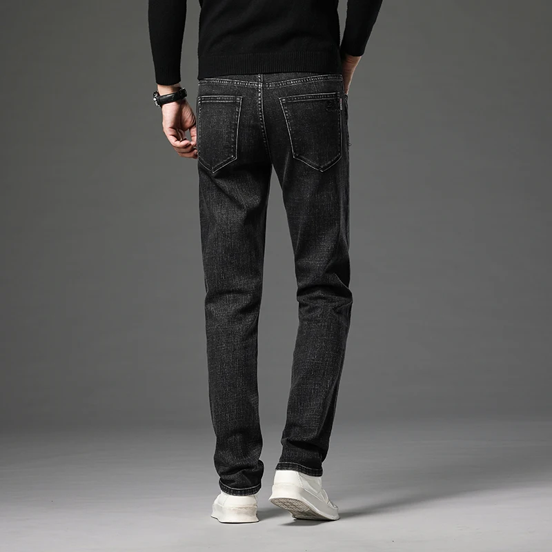 Vintage Classic Cotton Men\'s Casual Slim Jeans Stretch Straight Leg Versatile Fashionable Denim Long Pants Male Black Blue