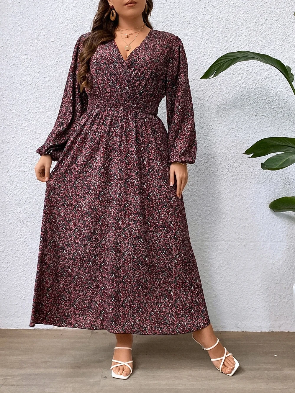 Women\'s Plus Size Waisted V-Neck Dress Fashion Ditsy Floral Print Lantern Sleeve Dresses Women\'s Clothing