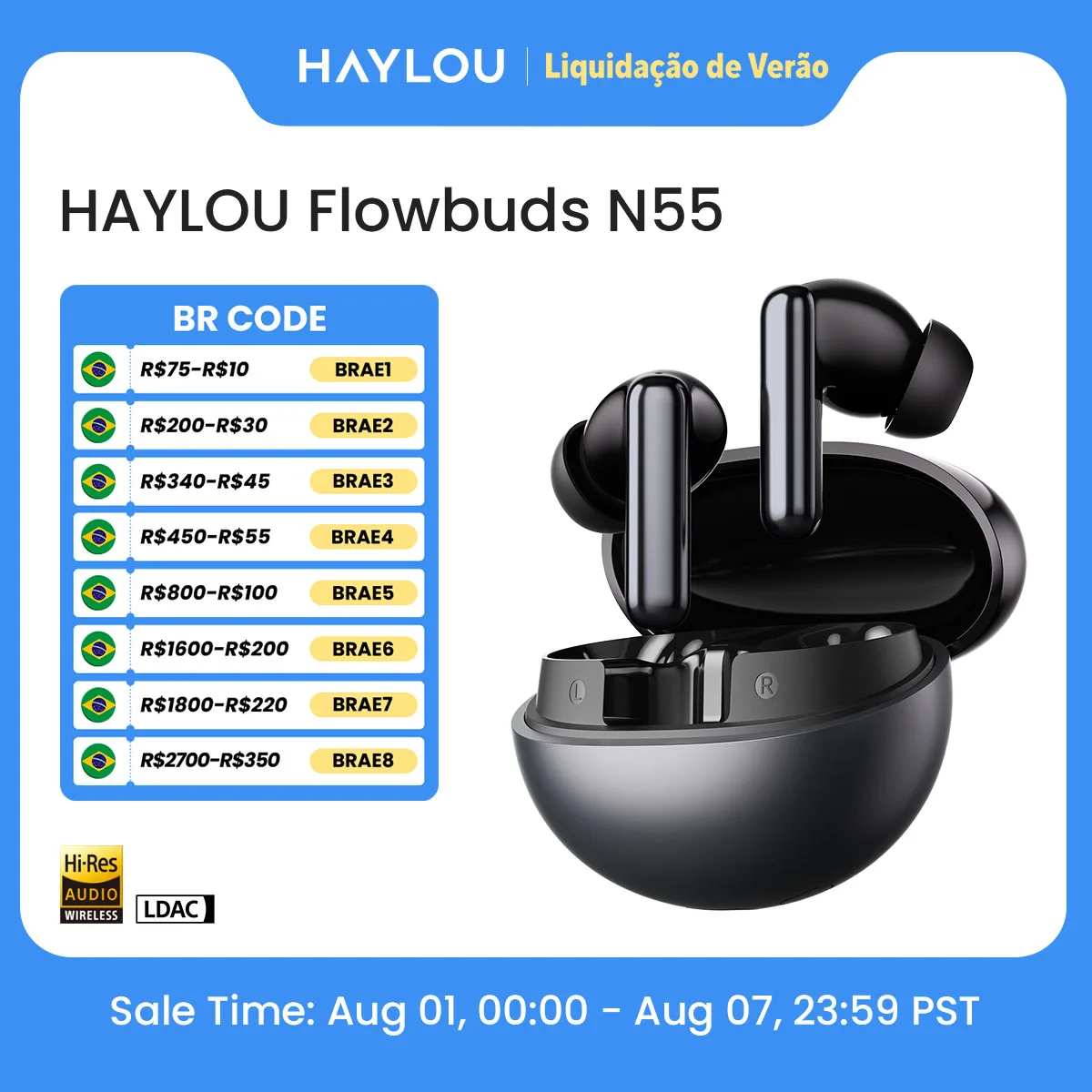 Fones de Ouvido Sem Fio HAYLOU Flowbuds N55 com ANC Adaptativo de 54dB, Bluetooth 6.0, Áudio Hi-Res LDAC, Chamadas HD com 6 Microfones, 40 Horas de Reprodução, IPX5