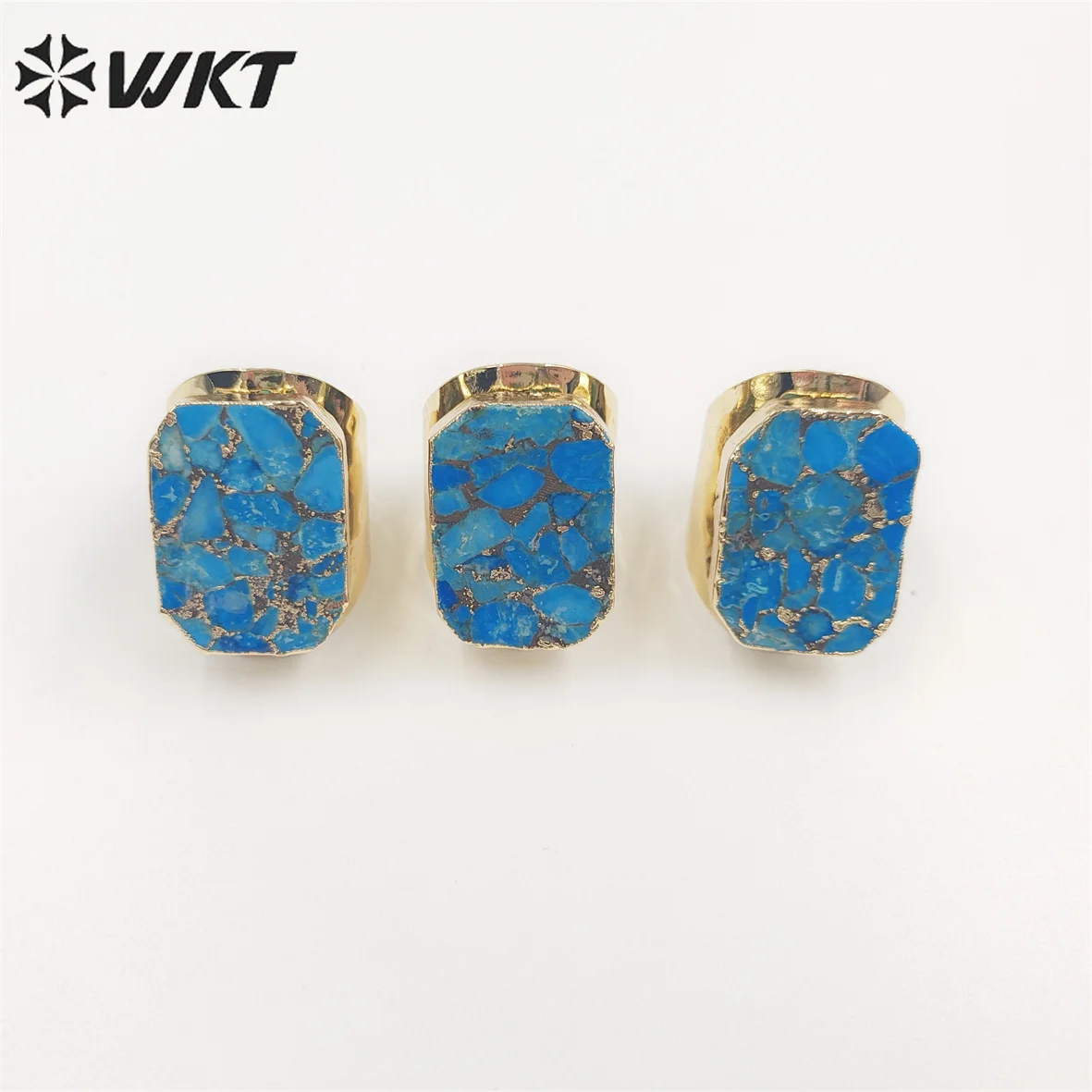 

WT-R421 Wholesale fashion gold long square copper turquoise Ring with big band Gorgeous Cocktail Party Ring for Women stone ring