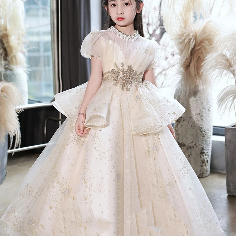 

2024 New Children'S High-End Princess Dress Flower Girl Birthday Party Prom Dress Luxury Texture Sweet Tulle Long Evening Dress