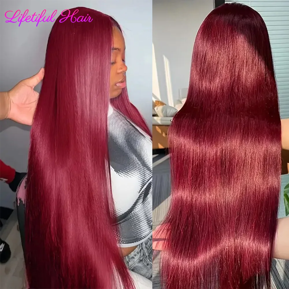 30 Inch Burgundy 13x6 HD Lace Frontal Human Hair Wig Bone Straight 99J Colored Human Hair Wigs For Women 200% Density Brazilian