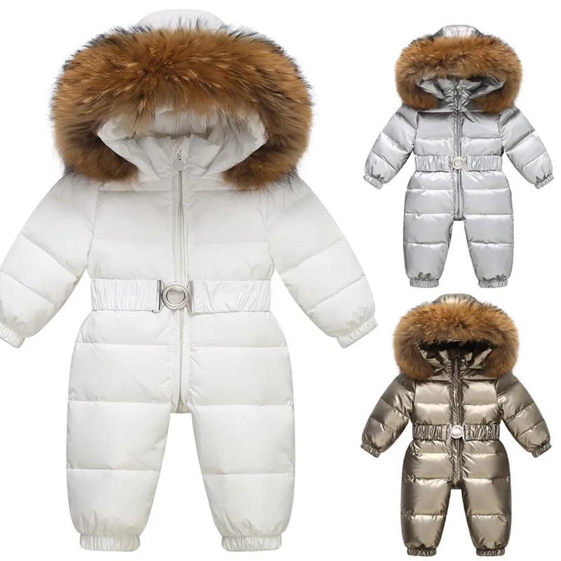 RAISE Winter Baby Boy Overalls Shiny Waterproof Hooded Girl Down Jacket Baby Boy Warm Jumpsuit Kid Girl Faux Fur Collar Ski Suit