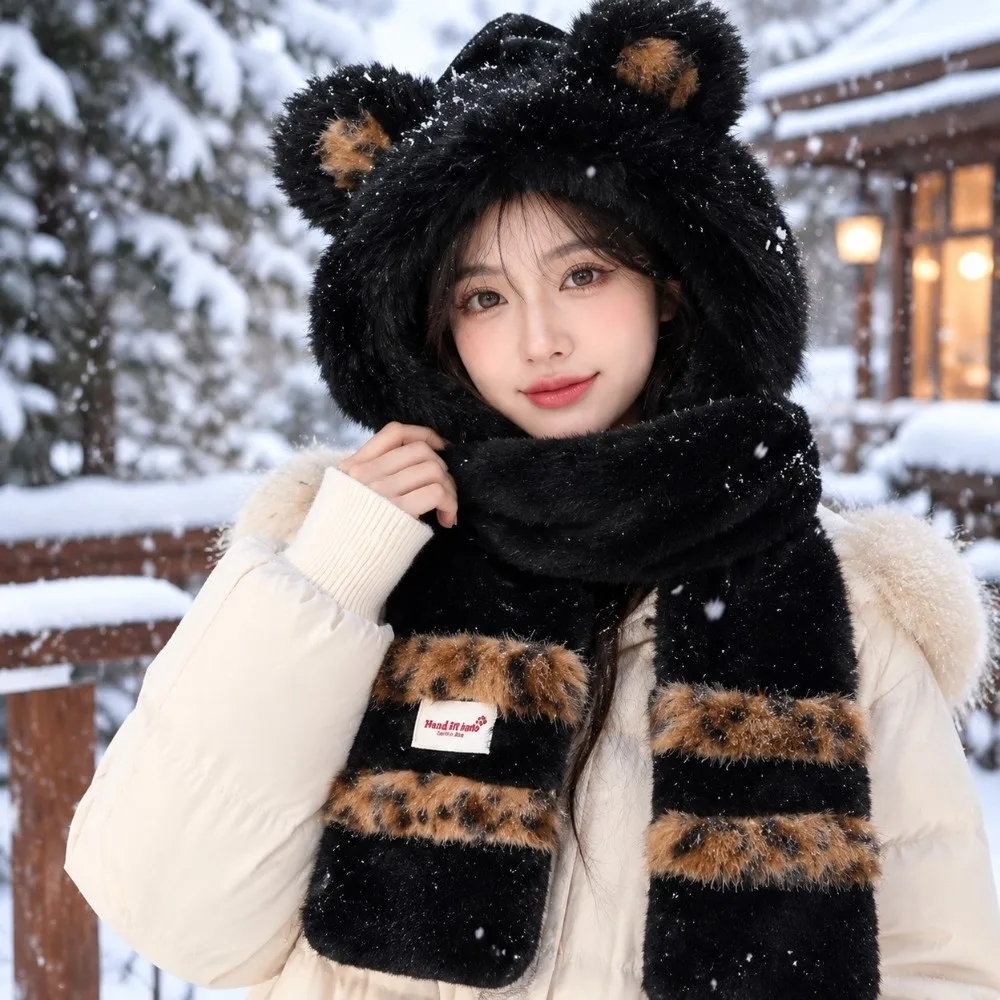 Personality Ear Protection Bear Ears Hat Winter Three-in-one Hooded Scarf Cute Warm Winter Beanie Cycling