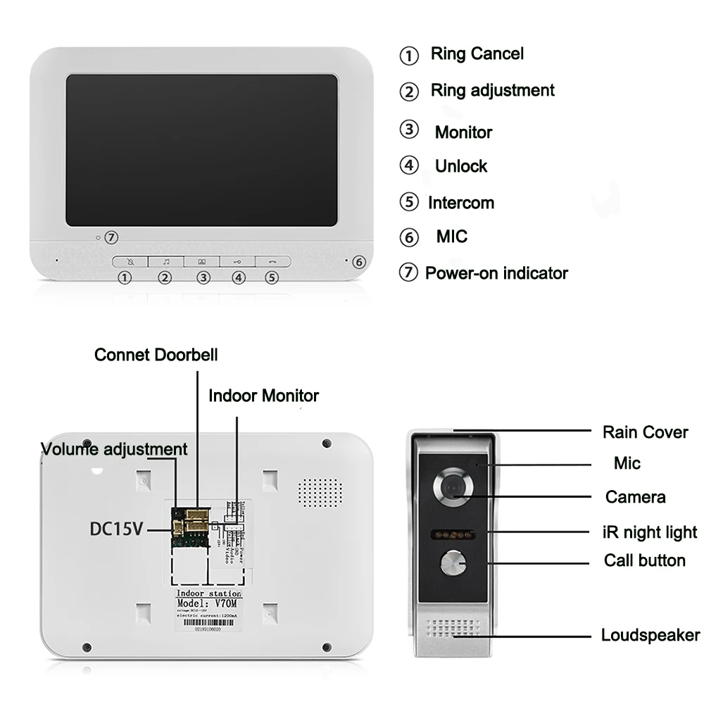 7 Inch  IPS Screen Wired Video Door Phone Intercom System Visual Doorbell Camera Peephole Viewer