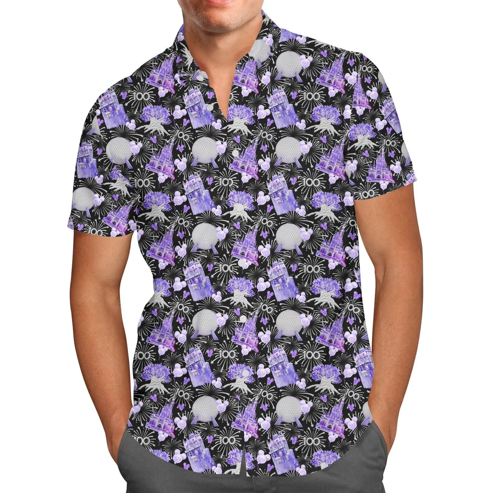 Camisa masculina de botão de manga curta, camisa havaiana do 100 ° aniversário da Disney, tops vintage da moda, inspirada na WDW