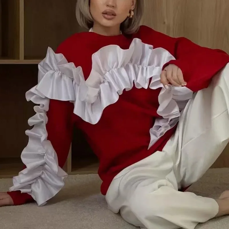 Women Clothing Chic Three-dimensional Decoration Long Sleeve Hoodies Spring Autumn Loose O-neck Solid Color Y2K High Street Tops