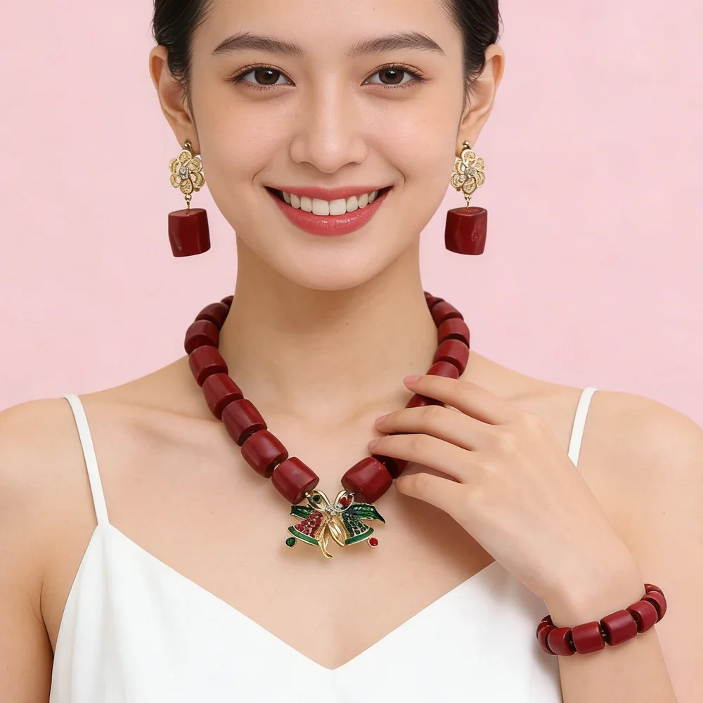 Women Coral Beads Statement Necklace Bracelet Earrings Jewelry Set Nigerian African Beads for Traditional Choker Wedding Gifts