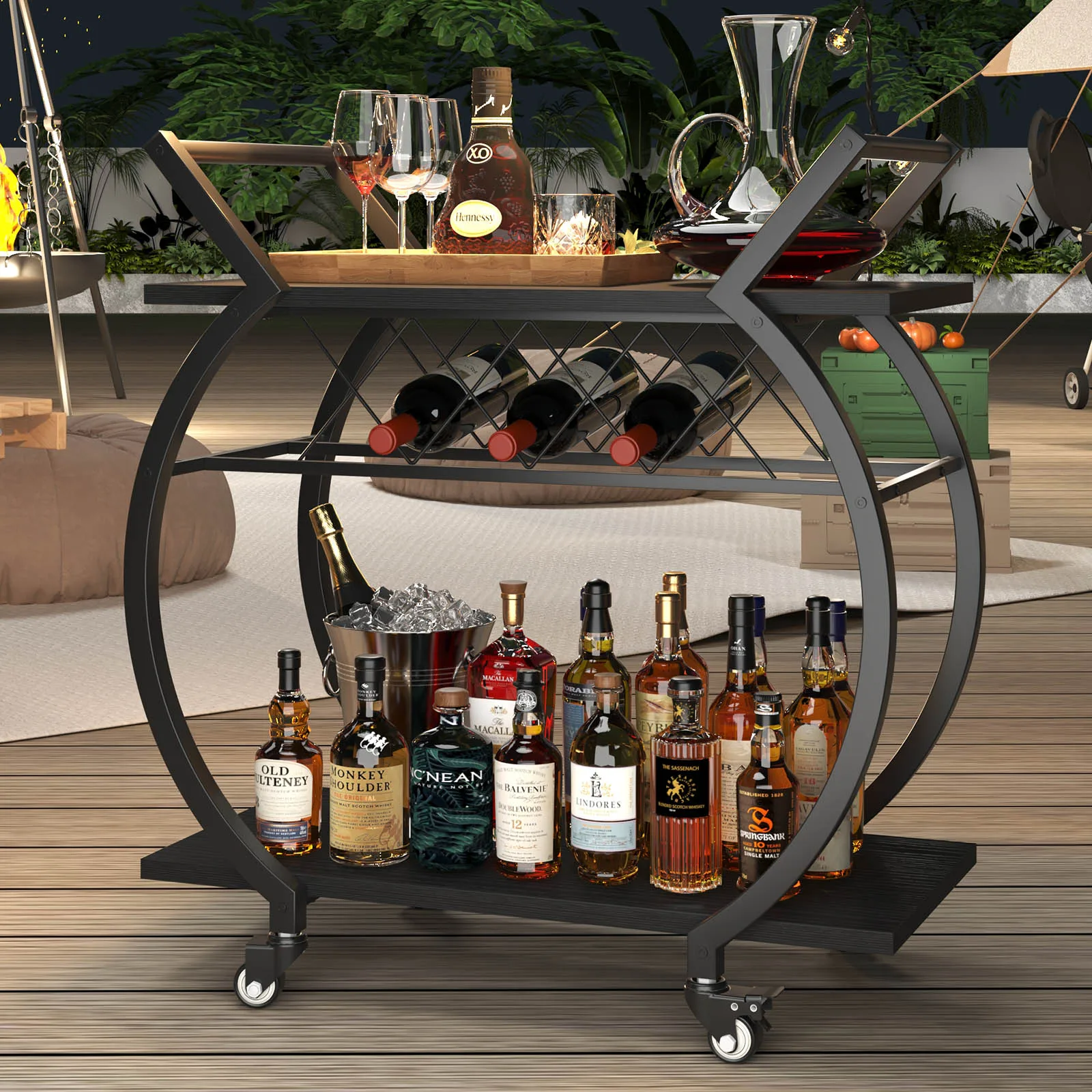 

Hot Sales Modern Mobile Food Cart With Wheels Industrial Wood Serving Cart With Wine Rack And Glass Holder For Bar Kitchen Dinin