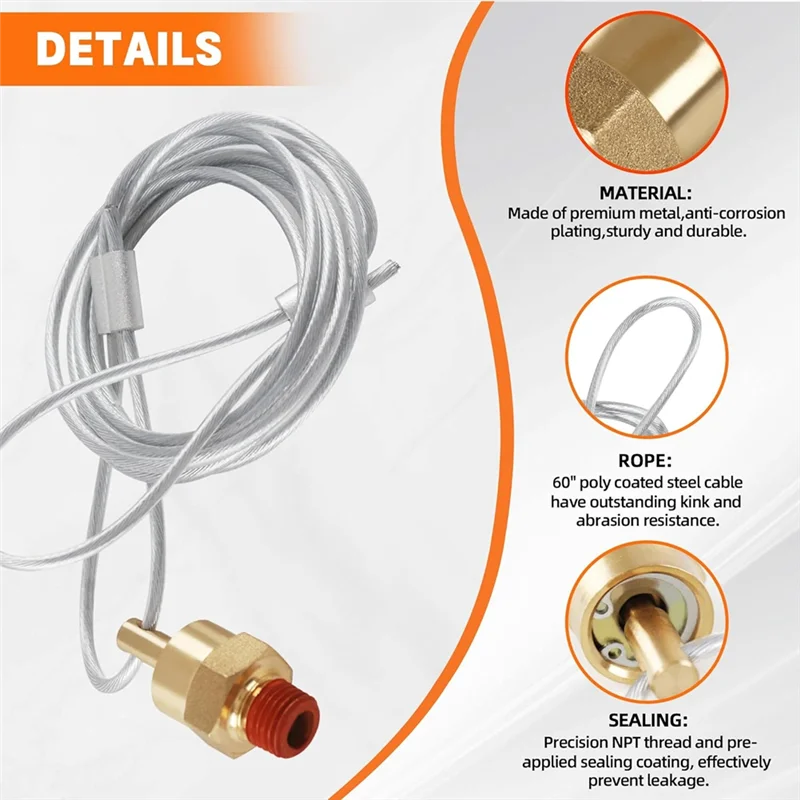 

2 шт. сливной клапан воздушного бака, разъем 0,64 см NPT с кабельным клапаном 50 см, сливной клапан воздушного тормозного бачка воздушного компрессора-BAAX