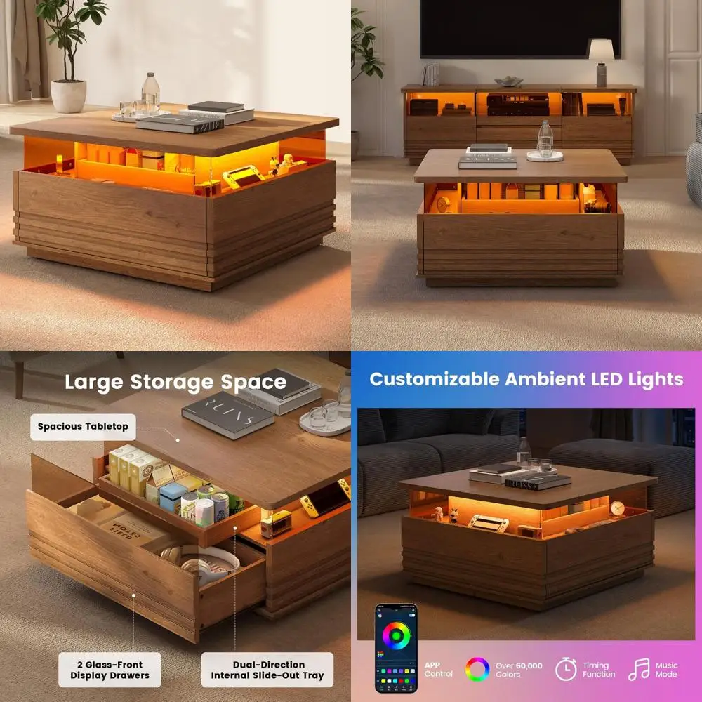 

LED-Illuminated Storage Coffee Table, Modern 2-Drawer Center Tables, Distinctive Living Room Wood Furniture in Walnut Brown