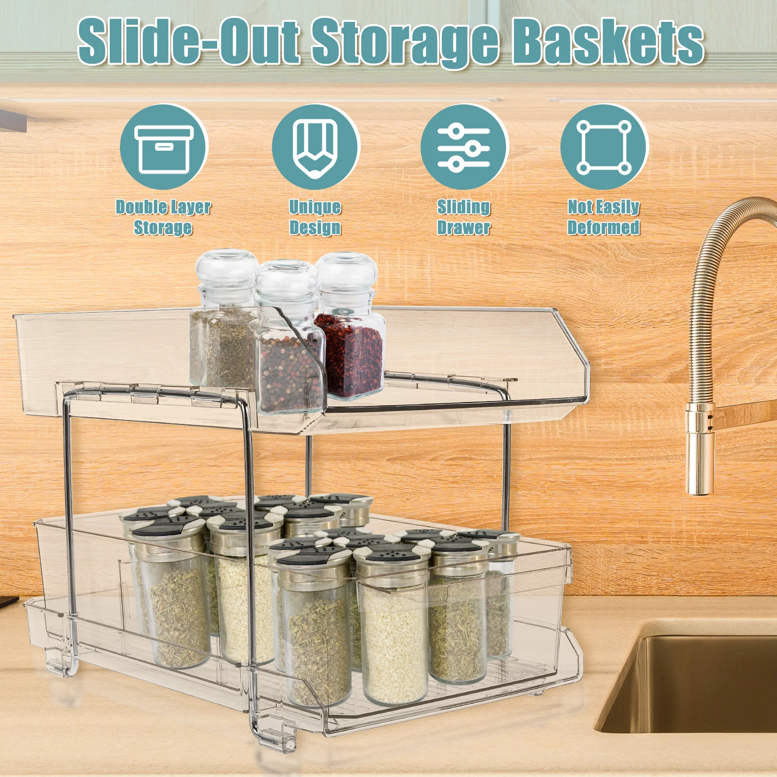 Under Sink Organizer 2 Tier Under Sink Shelf Organizer Kitchen Slide-Out Clear Storage Baskets Pantry Pull-out Organizing Tray