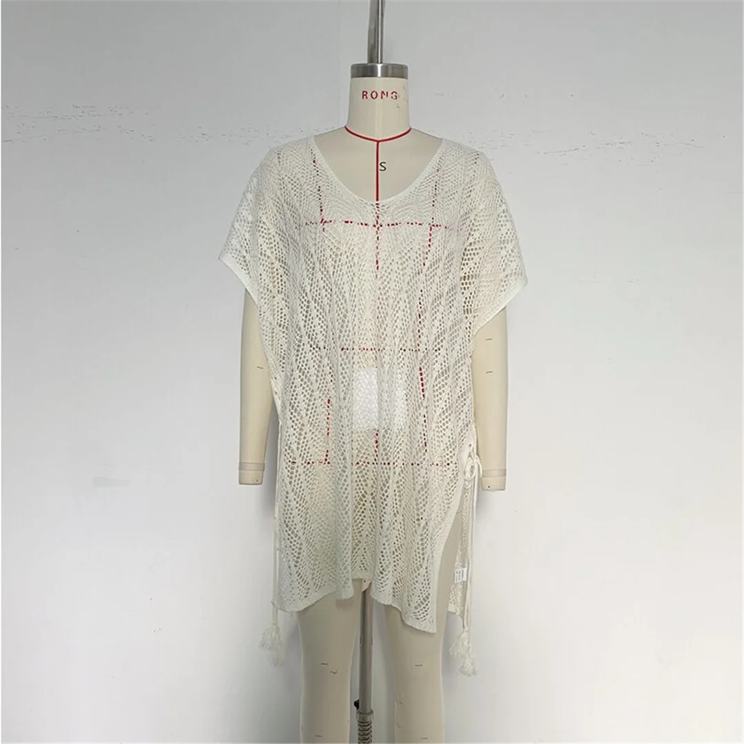 Neues, kurzärmeliges, einfarbiges, gehäkeltes Strick-Tunika-Strandkleid mit V-Ausschnitt, Strandkleid, Strandmode, Damenmode, K8580 – Detail 6
