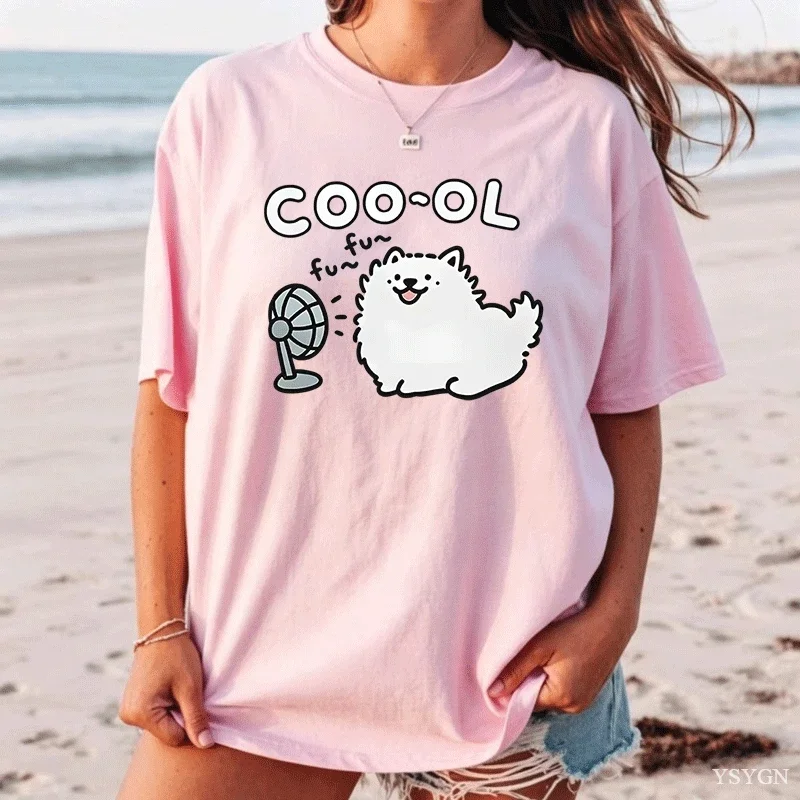 Samoyed With A Fan Blowing Printed T-Shirts Womens Summer Cotton Tops O-Neck Comfortable Loose T Shirt Casual Womans Clothes