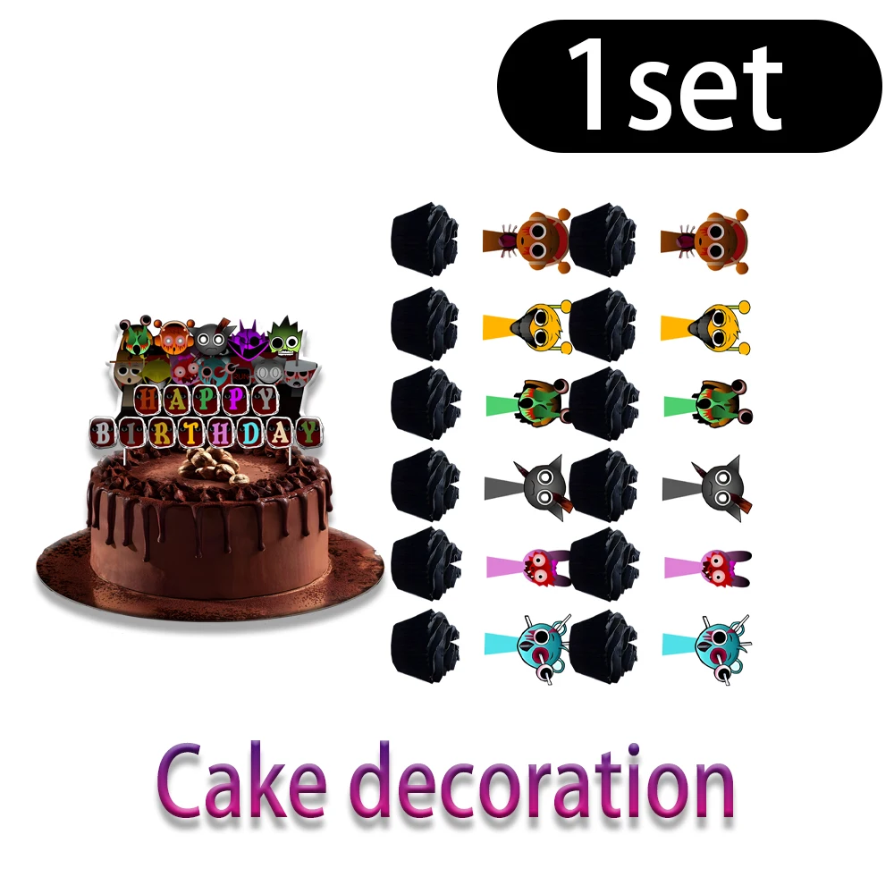 Cute Incredibox Sprunki Birthday Party cutlery plate Disposable Banner Cake Topper Hanging Flag Balloons Set Birthday Decoration