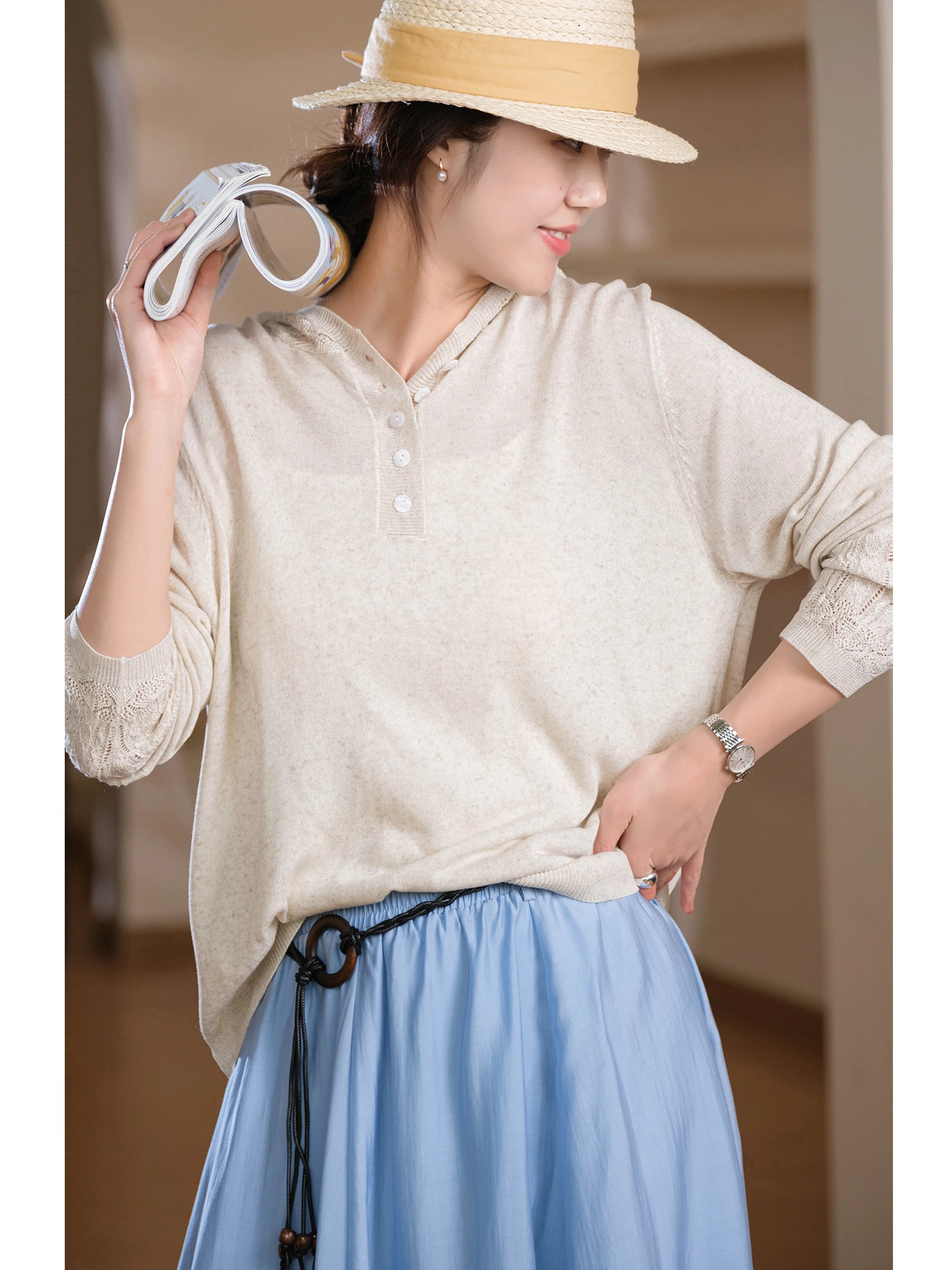 

Мягкий свободный вязаный топ с длинными рукавами и цветочным узором, 25% лен, 25% лиоцелл, женский, премиум-качество